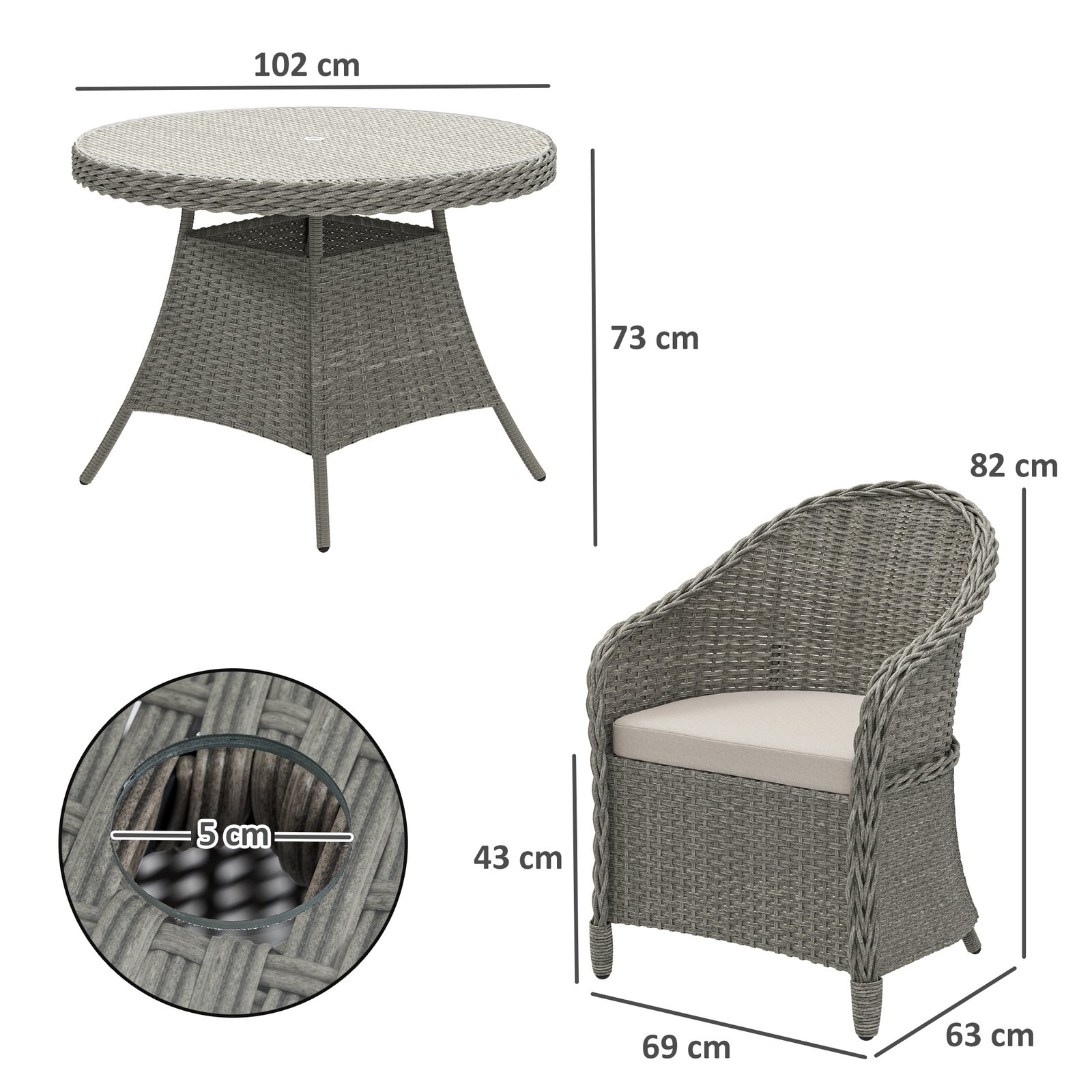 Outsunny 4 Seater Rattan Garden Furniture Set with Cushions, Round PE Rattan Dining Set with Glass-Top Table, Umbrella Hole, Outdoor Garden Table and Chairs, Grey - Image 3