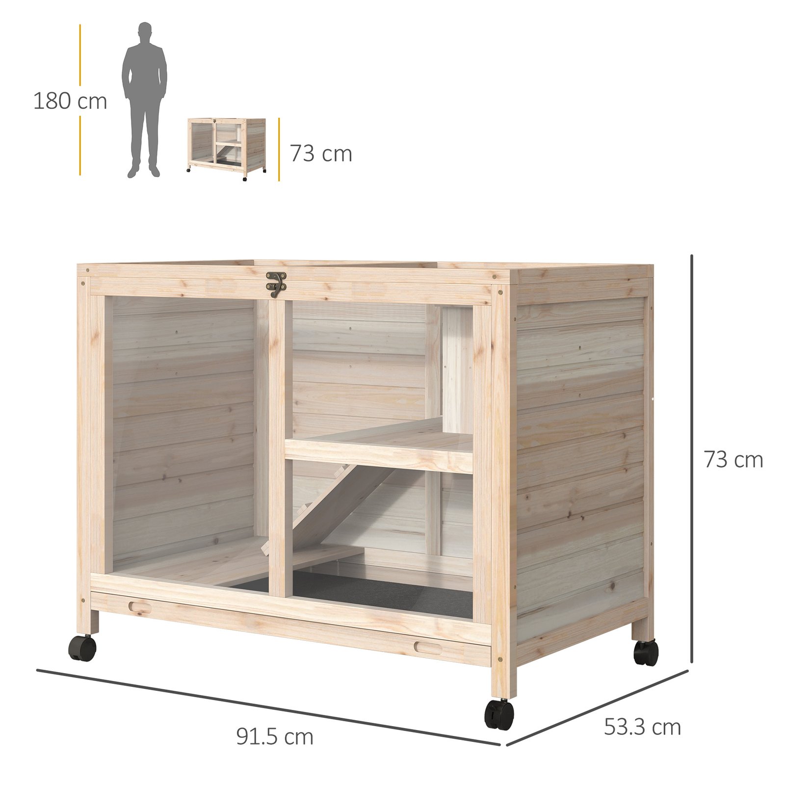 PawHut Rabbit Hutch Indoor Wooden Guinea Pig House Hamster Cage with Wheels, 2 Layers Bunny Cage with Openable Roof, 91.5 x 53.3 x 73 cm, Natural - Image 3