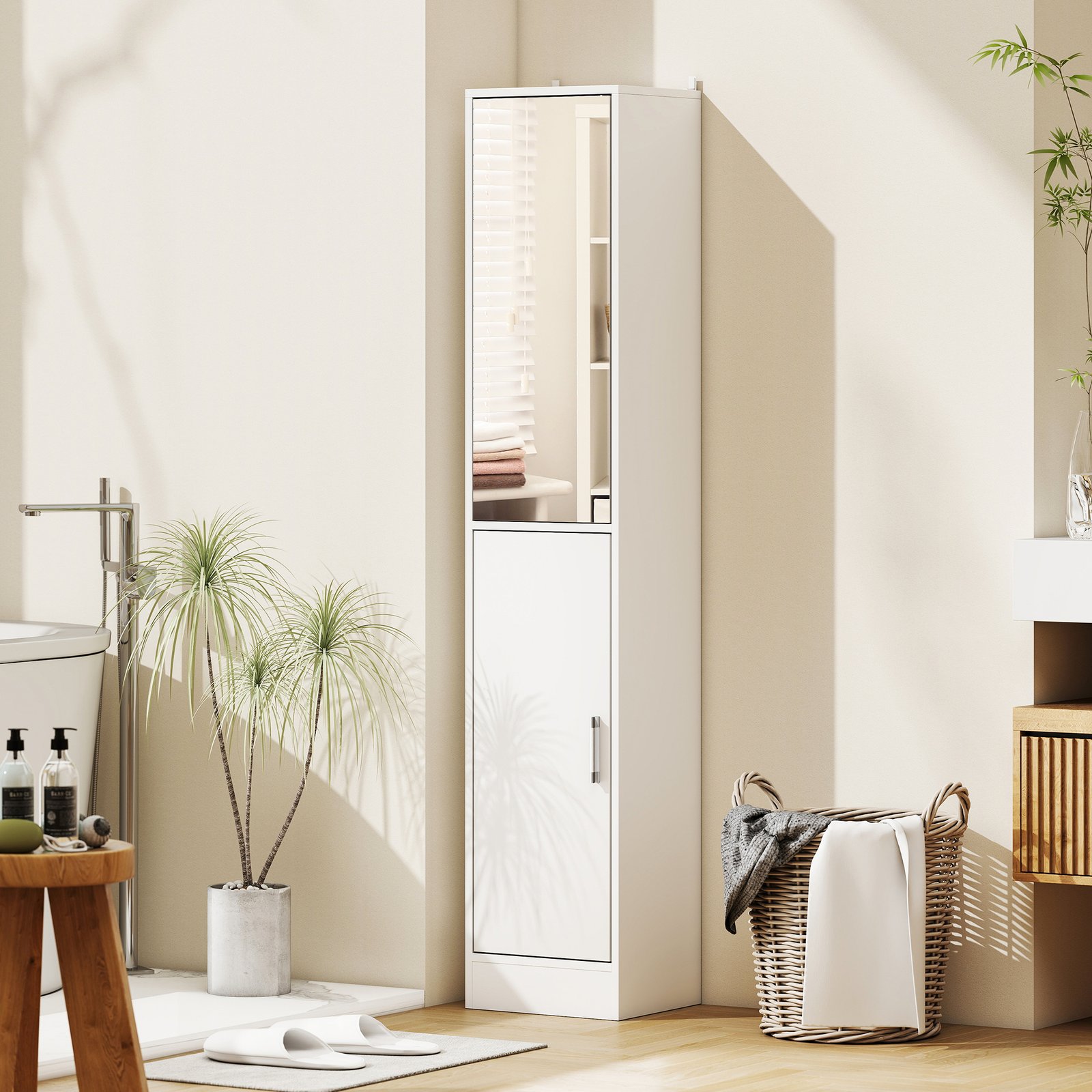kleankin Tall Bathroom Cabinet with Mirror and Adjustable Shelf - White - Image 2