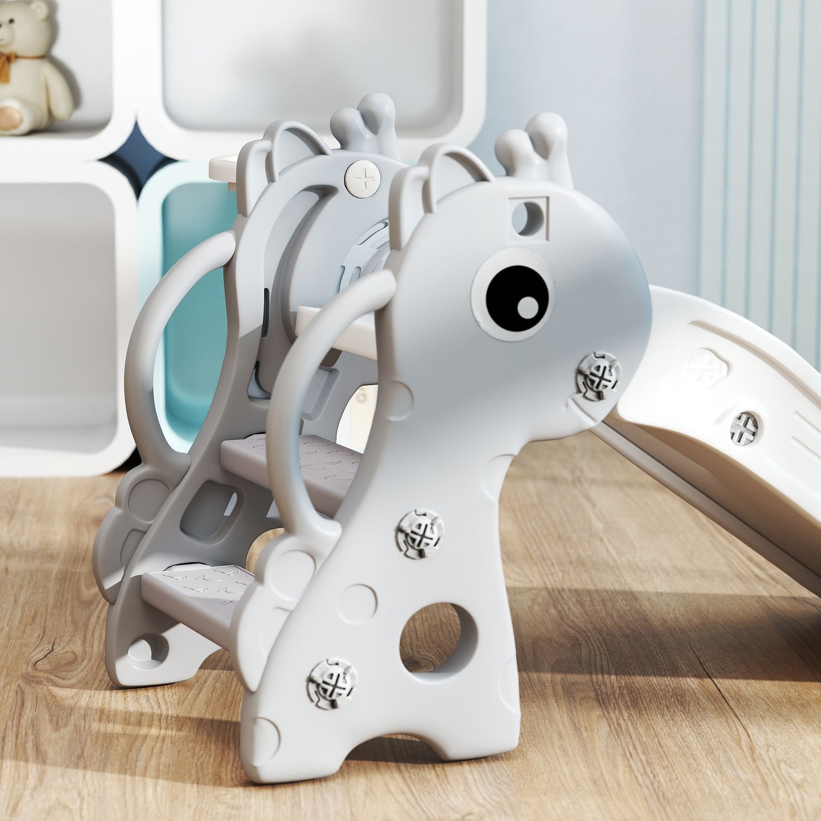AIYAPLAY 3 in 1 Kids Slide with Climber, Basketball Hoop and Ball, Giraffe Shape Climber Slide for Indoor Kids Age 1-3, Grey - Image 8