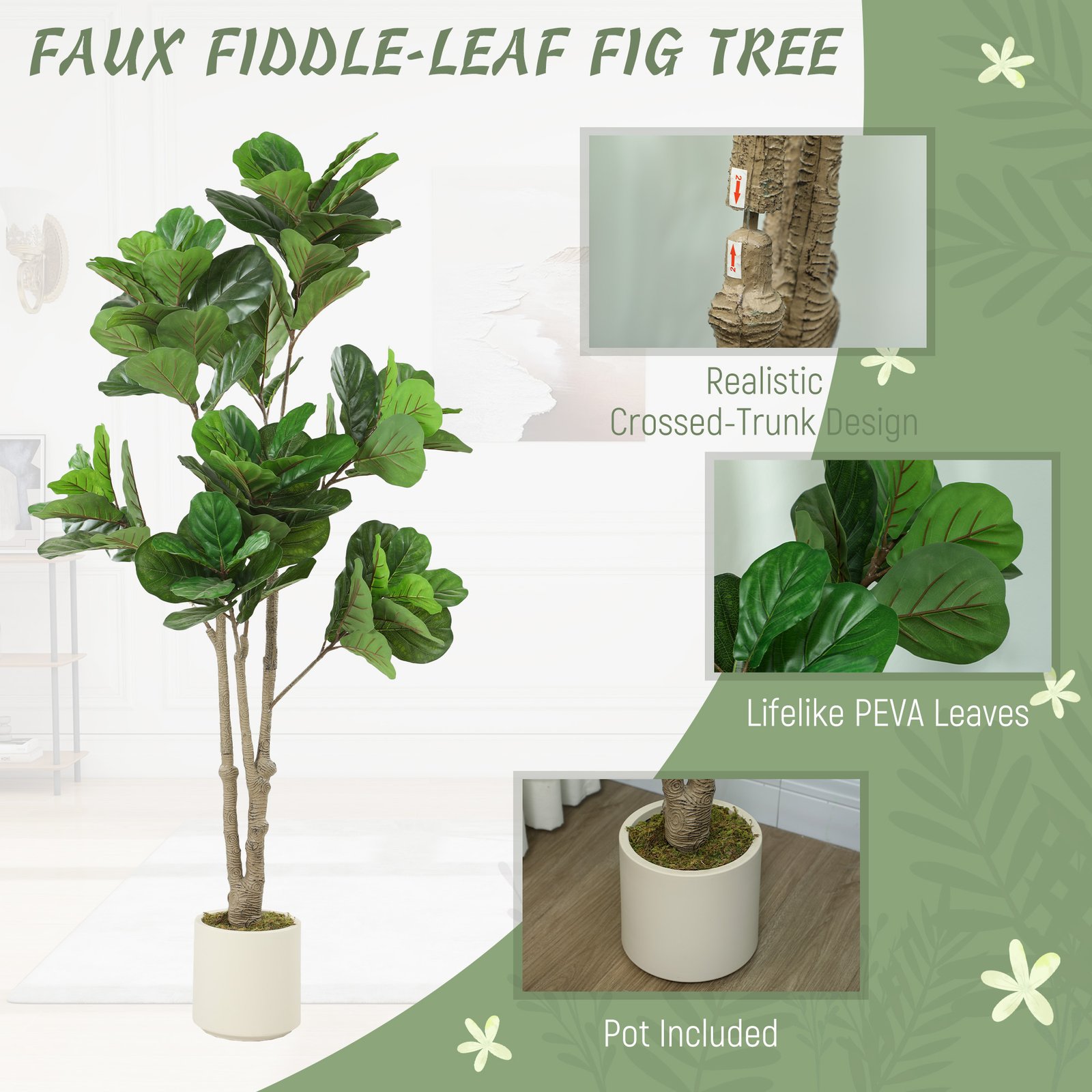 HOMCOM 180cm Artificial Fiddle Leaf Fig Tree - Green - Image 4