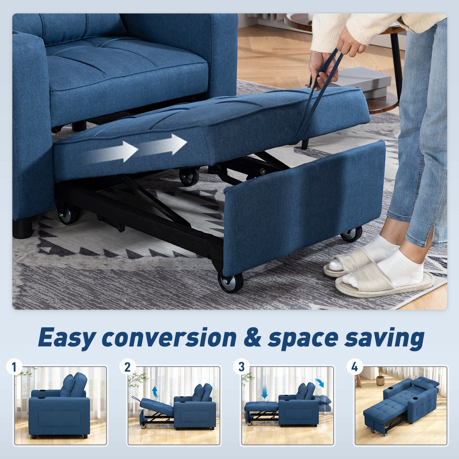 HOMCOM 3-in-1 Single Sofa Bed, Convertible Sleeper Chair Bed with 3-level Adjustable Back - Dark Blue - Image 4