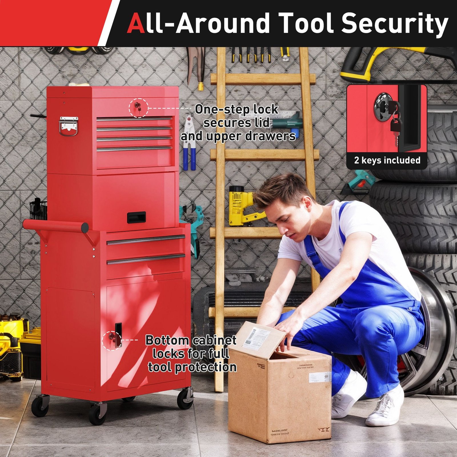HOMCOM Three-Part Steel Locking Tool Chest - Red - Image 7
