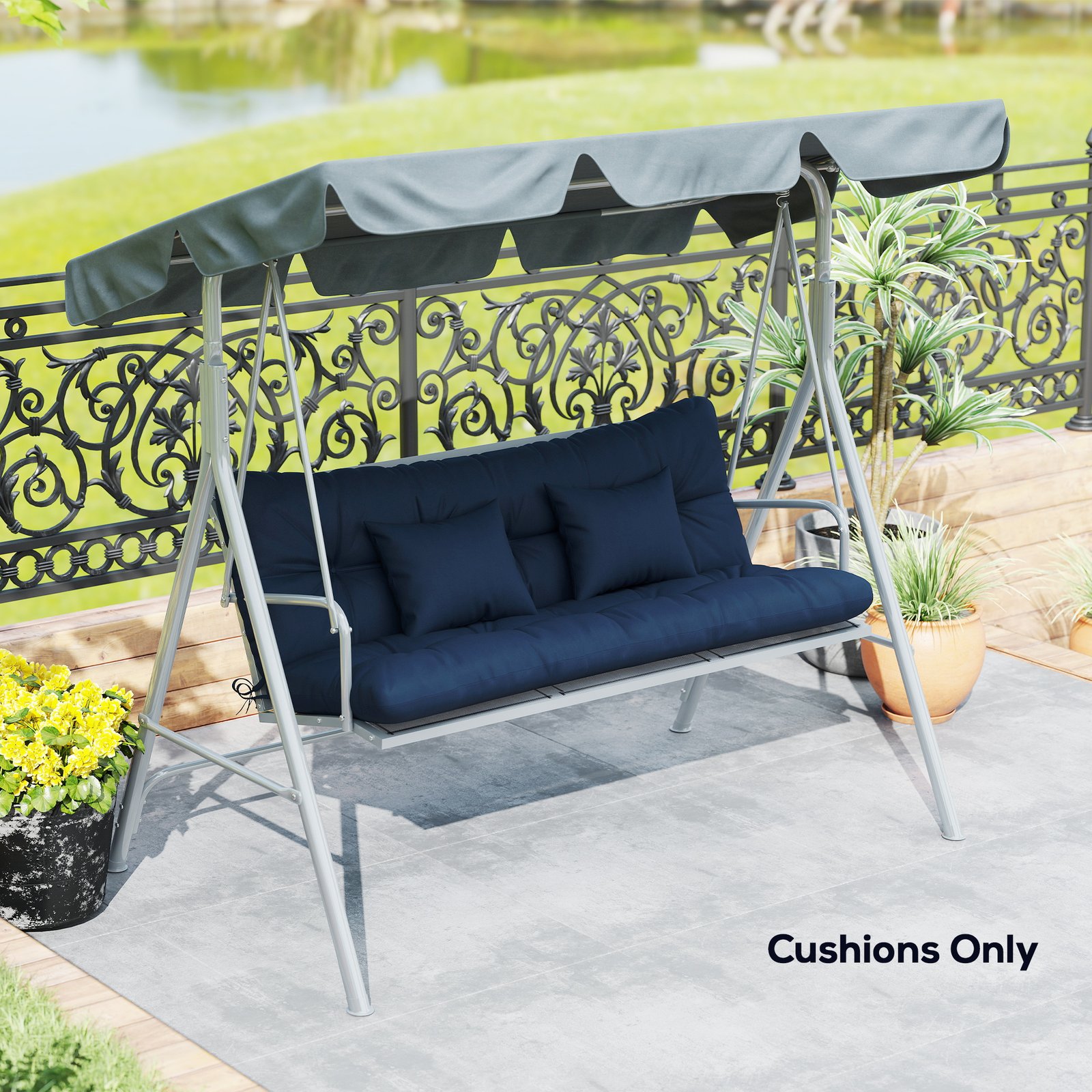 Outsunny Outdoor Seat Cushions Back Cushion with 2 Pillows, Water Repellent Seat Pads for 3-Seater Chair, Dark Blue - Image 8