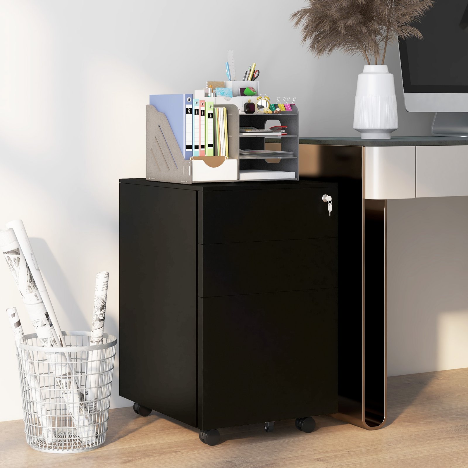 Vinsetto 3-Drawer Vertical Filing Cabinet with Pencil Tray, Lock and 5 Wheels, Steel Mobile File Cabinet, for A4, Legal and Letter Size, Pre-Assembled Body, Black - Image 2