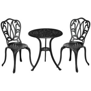Outsunny 3 Piece Garden Bistro Set, Cast Aluminium Outdoor Furniture Set with Umbrella Hole for Balcony, Porch, Patio, Black
