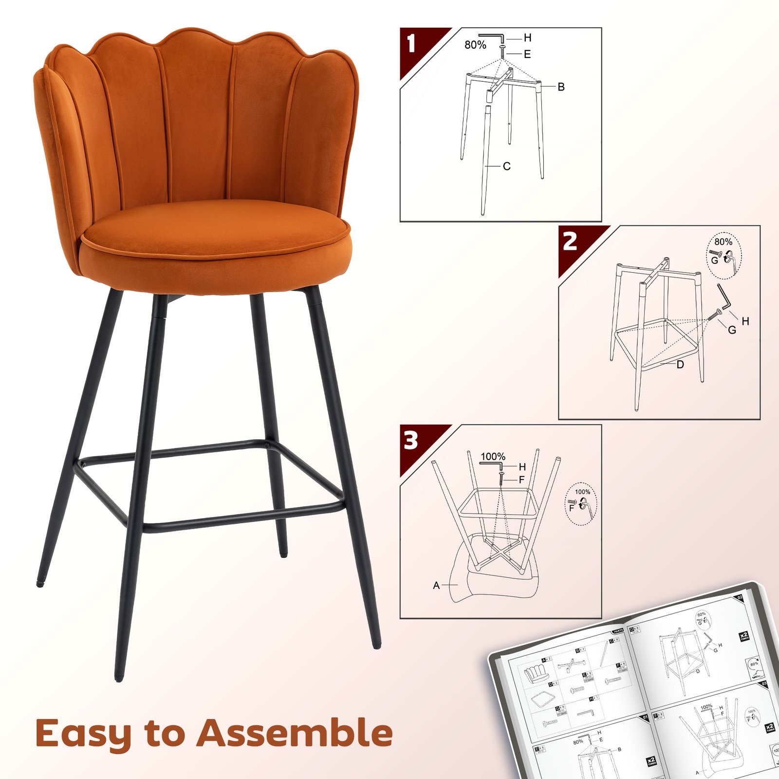 HOMCOM Set of Two Velvet-Feel Lotus Bar Stools - Orange - Image 7