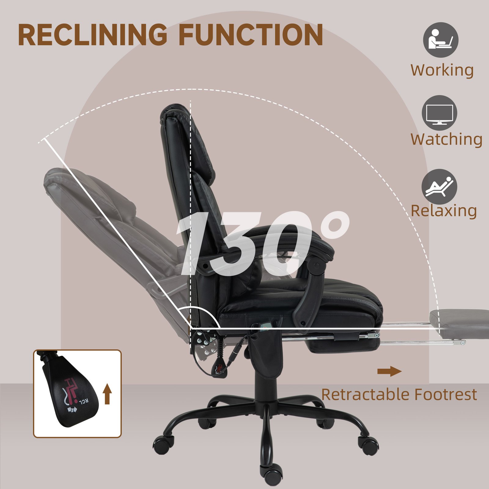 Vinsetto 6-Point Massage Office Chair, PU Leather Desk Chair with Adjustable Height and Footrest for Home Office, Black - Image 5