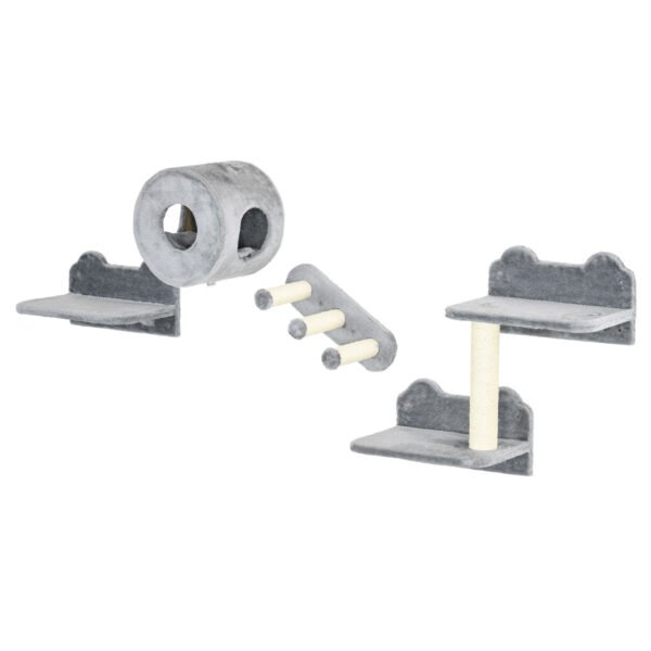PawHut 4PCs Wall-Mounted Cat Tree, with Steps, Perch, Cat House – Grey