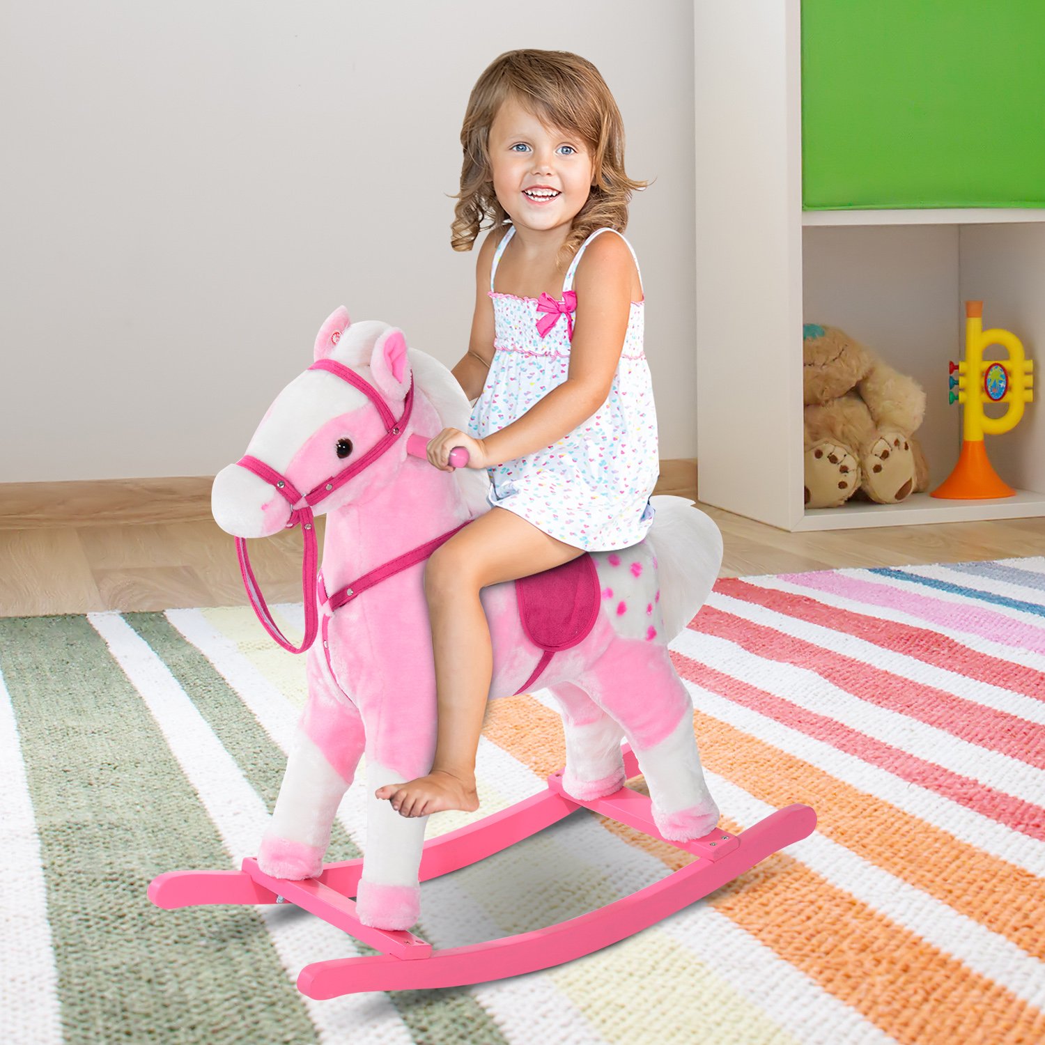 HOMCOM Baby Rocking Horse Plush Ride on Animals Rocker with Sound Handle Grip for Kids 3-6 Years - Pink - Image 2
