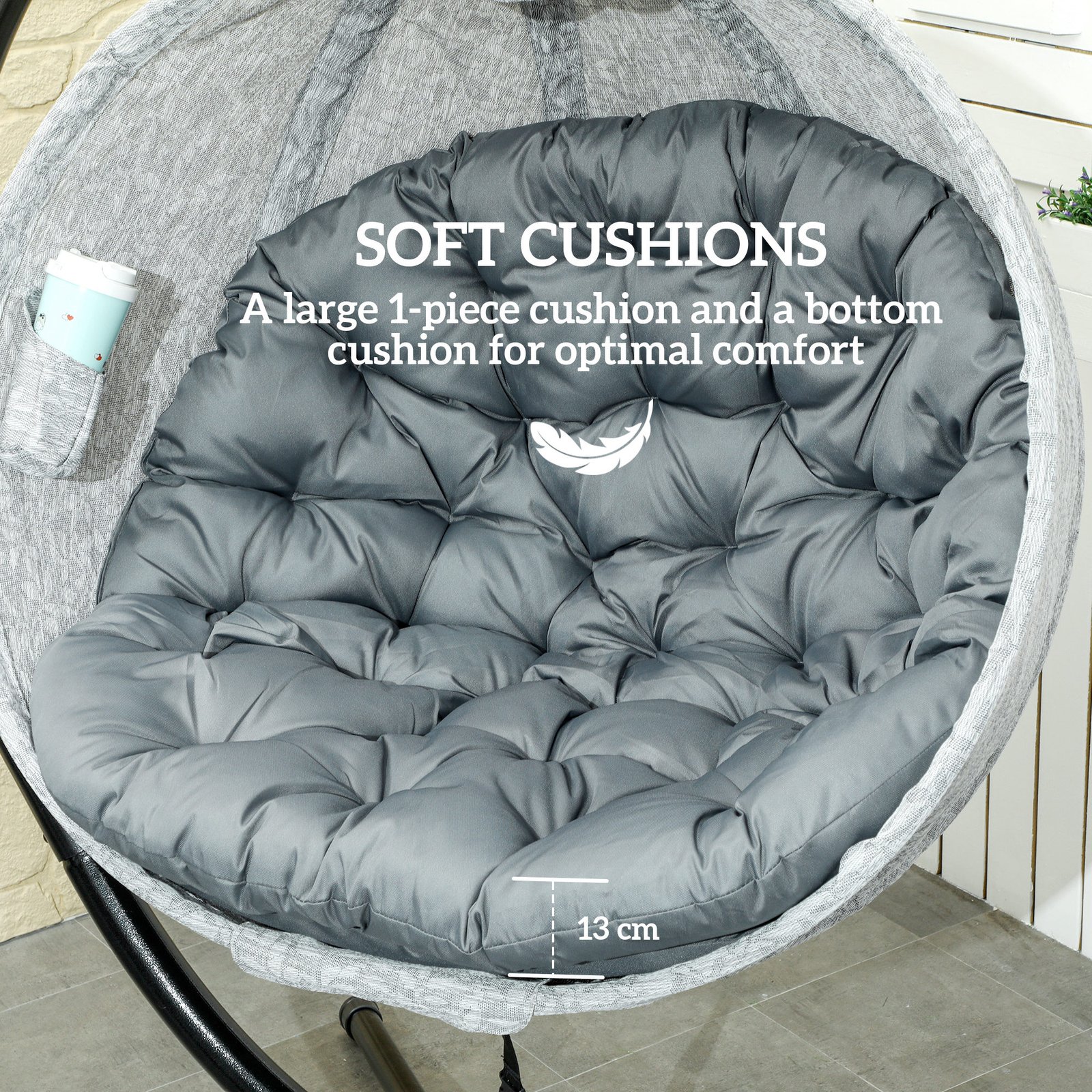 Outsunny Hanging Egg Chair Outdoor Indoor Garden Swing Chair with Folding Basket, Thickened Cushion, Cup Holder for Patio, Balcony, Grey - Image 4