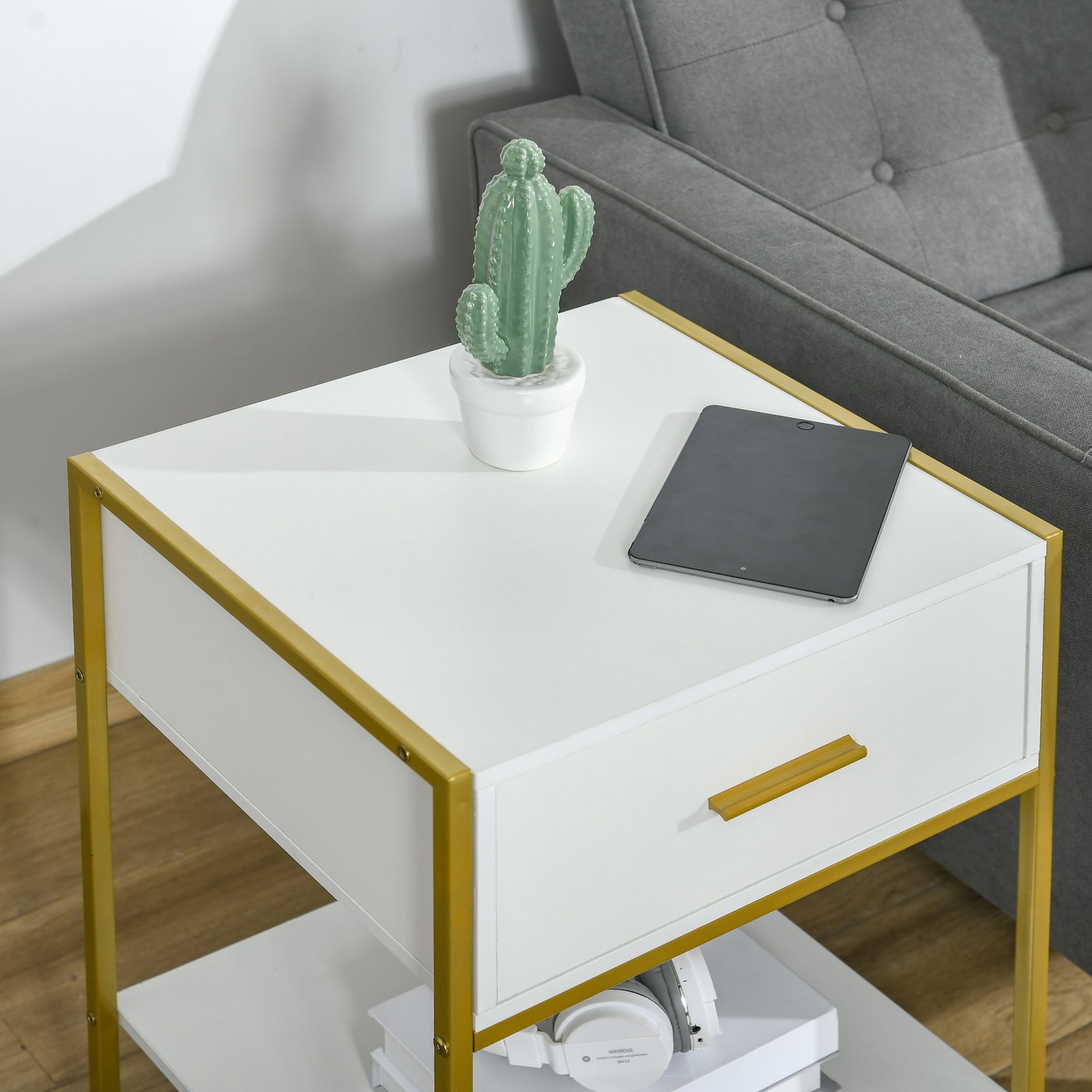 HOMCOM Modern Bedside Table, Nightstand with Drawer Shelf, Side Table for Living room, Bedroom White and Gold, Set of 2 - Image 9
