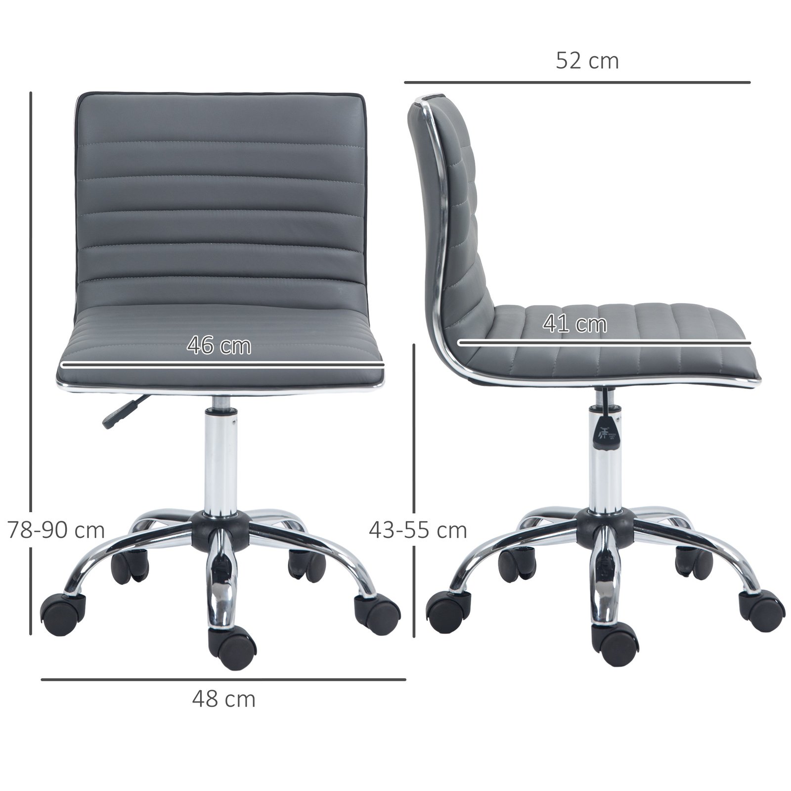 HOMCOM Armless Task Desk Chair, Swivel Office Chair with Faux Leather, Adjustable Seat Height, Chrome Base, Wheels for Home, Dark Grey - Image 3