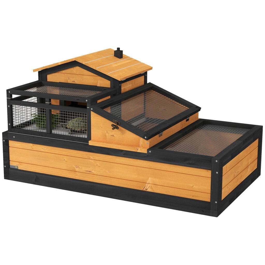 PawHut Wooden Tortoise House with Balcony, Tray, Roof, for Indoor and Outdoor, Yellow PawHut Wooden Tortoise House with Balcony, Tray, Roof, for Indoor and Outdoor, Yellow