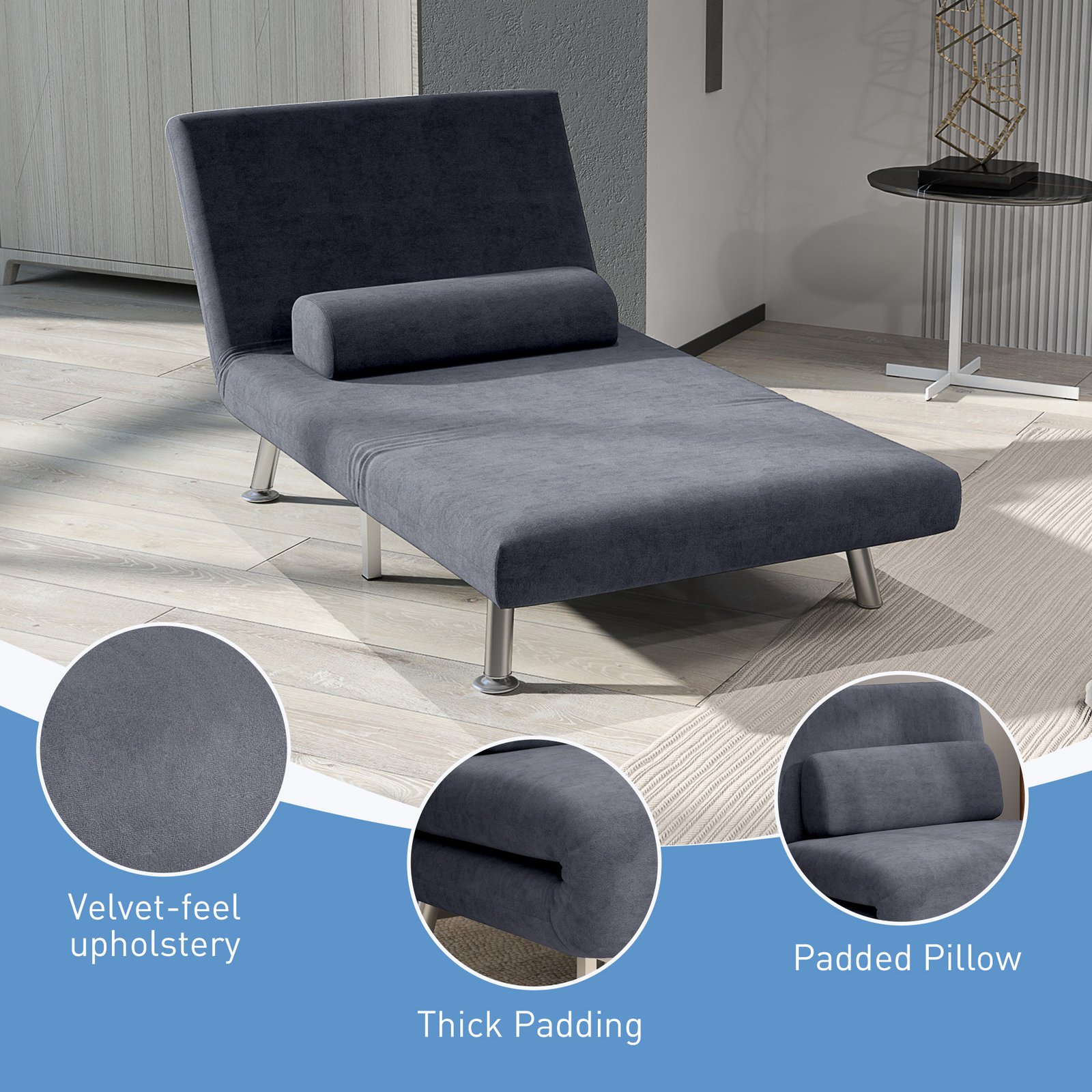HOMCOM Single Velvet-Feel Sleeper Chair - Charcoal Grey - Image 6