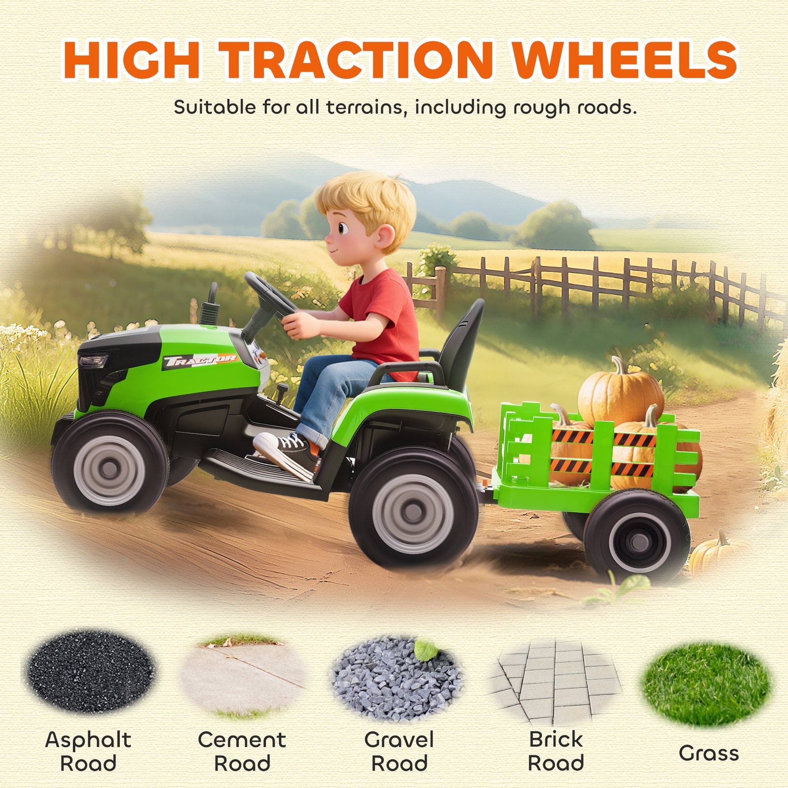 AIYAPLAY 12V Ride on Tractor and Trailer with Remote Control, Music, Shifter, Start-Up Sound, for Kids Ages 3-8 Years, Green - Image 9