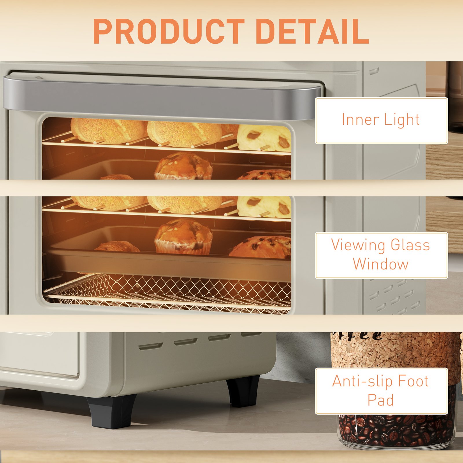 HOMCOM 10L Air Fryer Oven, Mini Oven, Oil Free Cooking, Grill, Roast, Bake, with Adjustable Temperature, Timer, Dishwasher Safe, 1000W, Cream White - Image 9