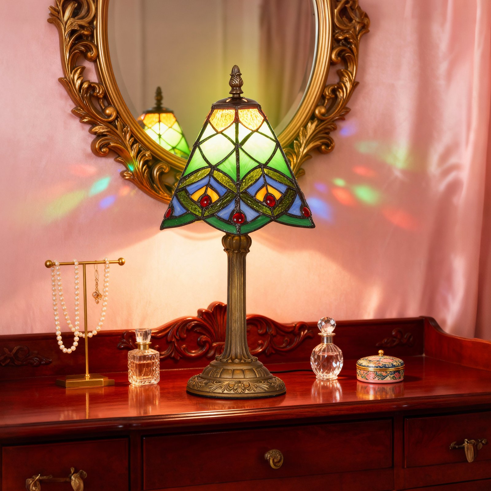 HOMCOM Tiffany-Style Table Lamp with Geometric Patterns, Handcrafted Antique Stained Glass Bedside Lamp for Living Room and Bedroom, E27 Socket, Green - Image 9