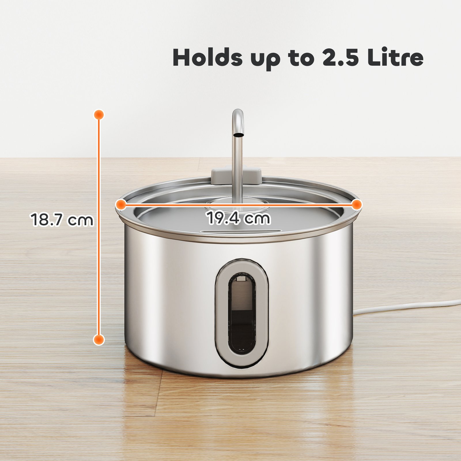 PawHut 2.5L Stainless Steel Cat Water Fountain for Drinking with Ultra-Silent Pump, Water-Level Window, 7 Filters - Image 3