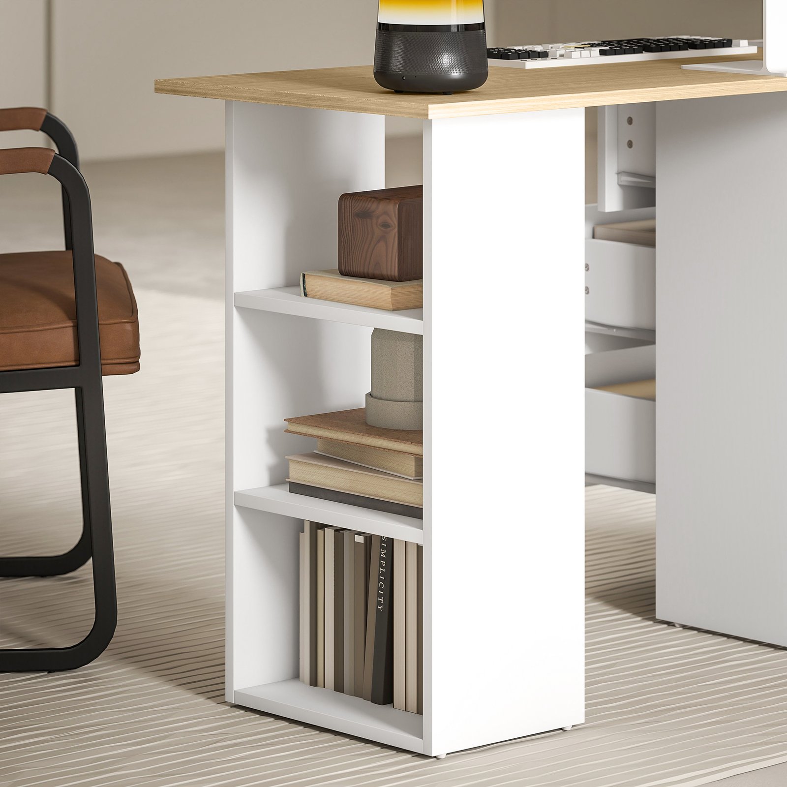 HOMCOM Computer Desk with Drawers, Home Office Desk, Writing Table, PC Workstation with 3 Storage Shelves for Working, Study, 120 x 49 x 72 cm, Natural Wood Finish and White - Image 8