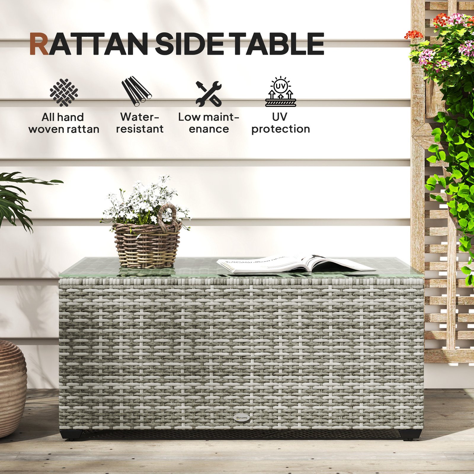 Outsunny 90 x 50cm Glass-Top Rattan Side Table - Light Grey - Image 4