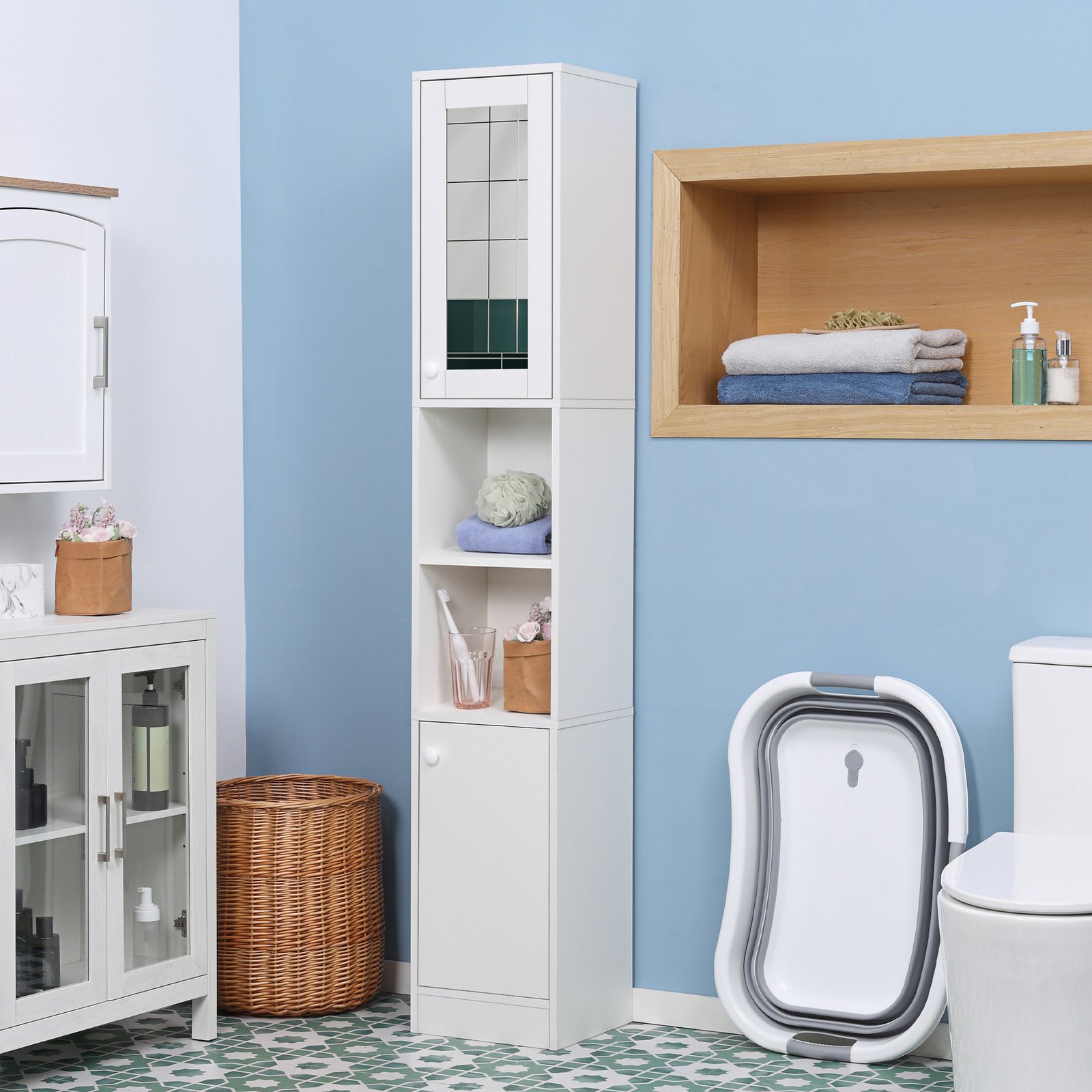 kleankin Tall Bathroom Storage Cabinet with Mirror, Narrow Bathroom Unit, Freestanding Bathroom Cupboard with Adjustable Shelves and 2 Doors, White - Image 2
