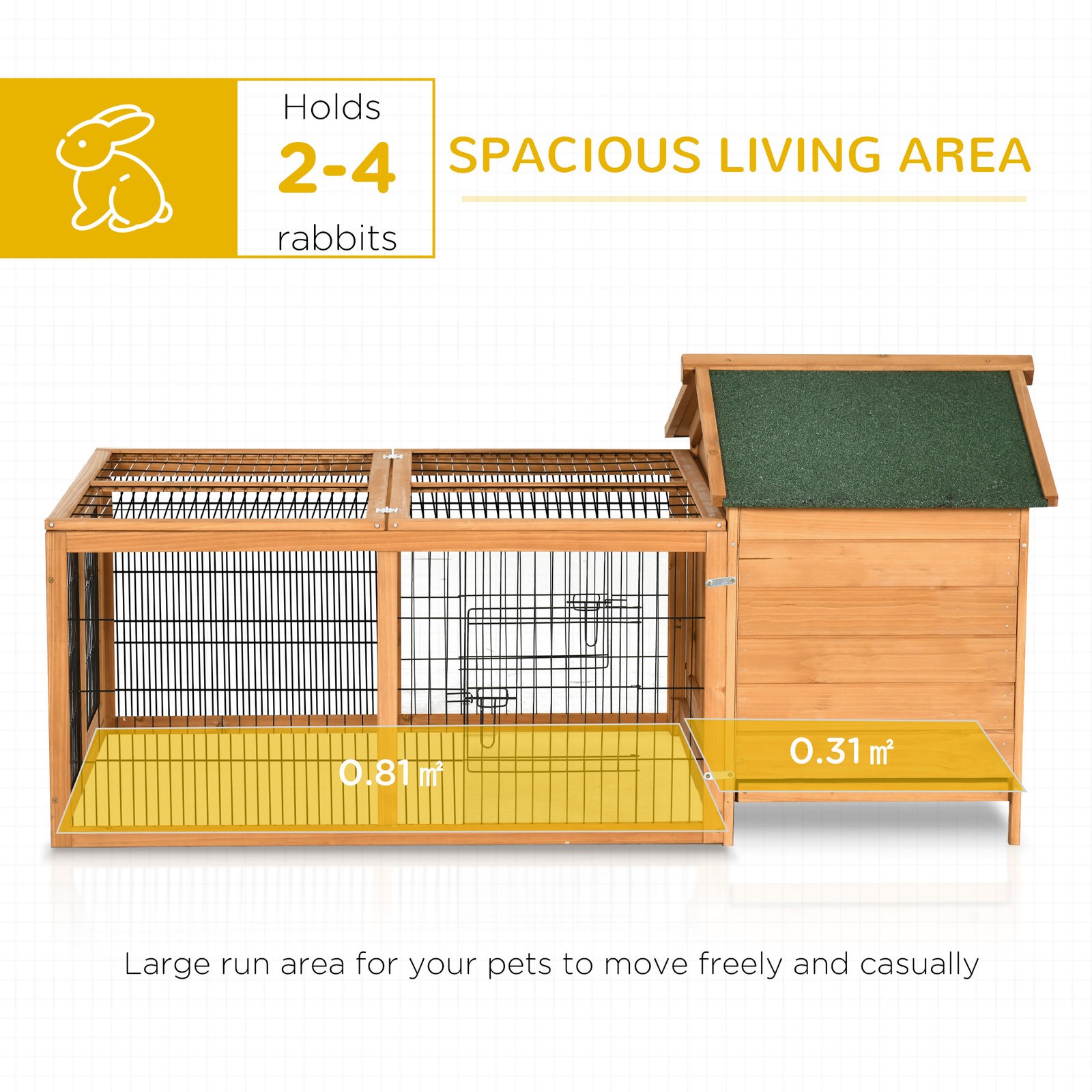 PawHut Wooden Rabbit Hutch Outdoor, Guinea Pig Hutch, Detachable Pet House Animal Cage with Openable Run & Roof Lockable Door Slide-out Tray 146 x 95 x 69cm - Image 4