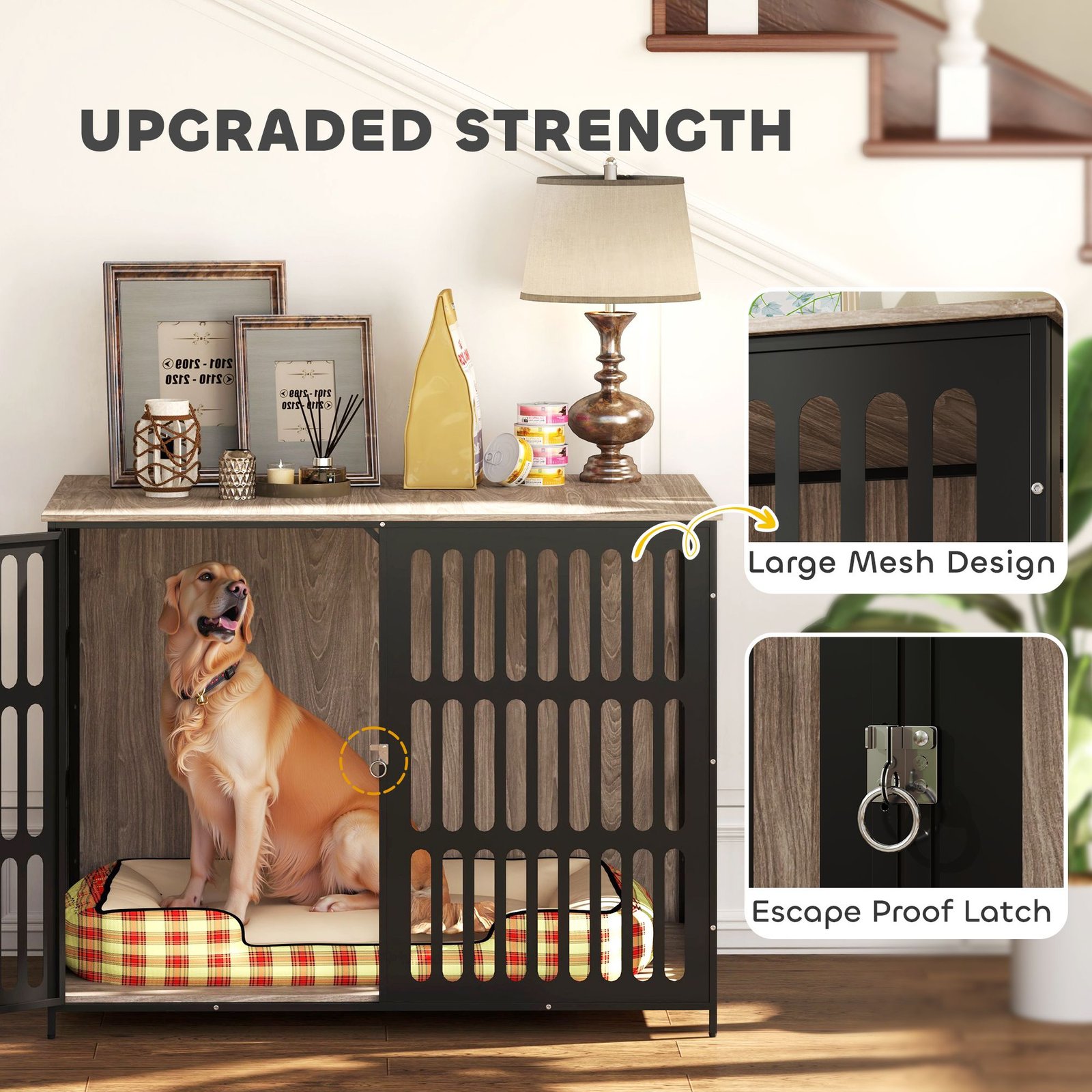 PawHut Dog Crate Furniture with Anti-Chew Resistant Mesh, Anti-Escape Single Door, for Extra Large Dogs, 118 x 80 x 92 cm - Image 5