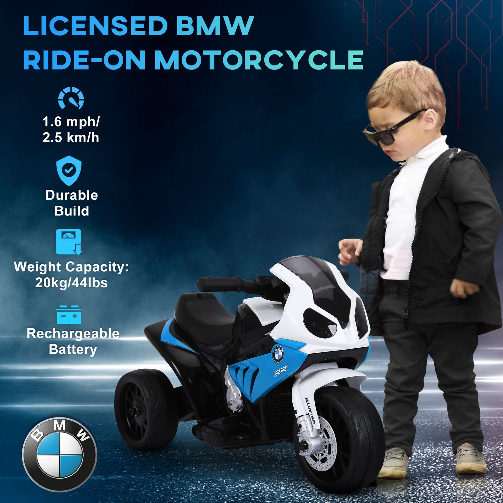 HOMCOM Electric Motorbike for Kids Ride on BMW Motorbike W/Headlights and Music, 6V, Blue - Image 5