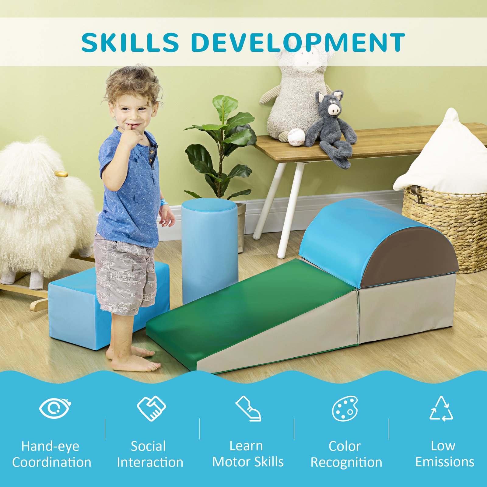 HOMCOM 5 Piece Kids Soft Play Set, Climb and Crawl Activity Toys Set for Baby Toddler, Soft Foam Blocks Indoor Play Equipment Learning Toys Blue - Image 7