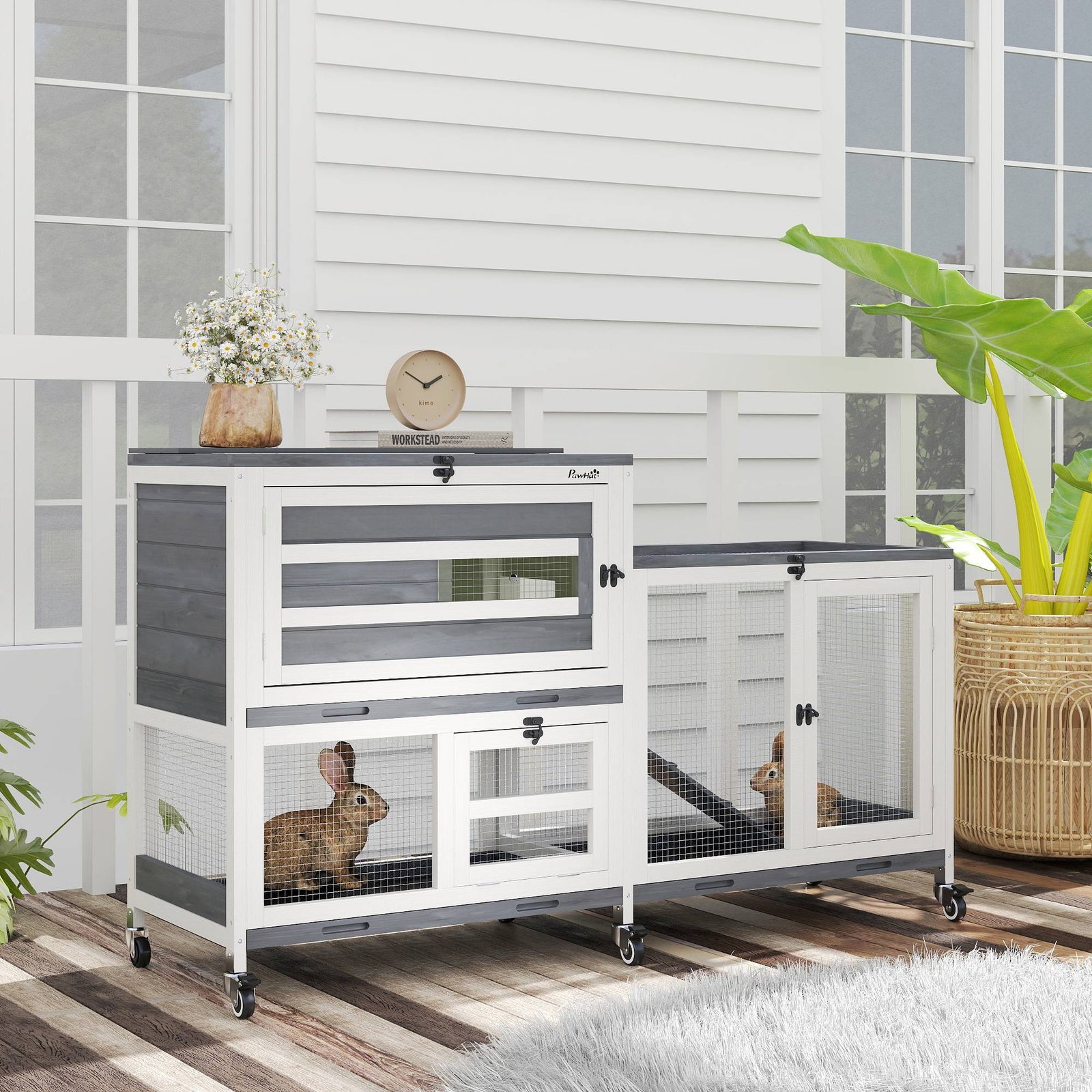PawHut Wooden Rabbit Hutch with Run, 2-Tier Guinea Pig Hutch with Run, Wheels, 3 Plastic Trays, 2 Openable Top, for 2-3 Rabbits - Image 2