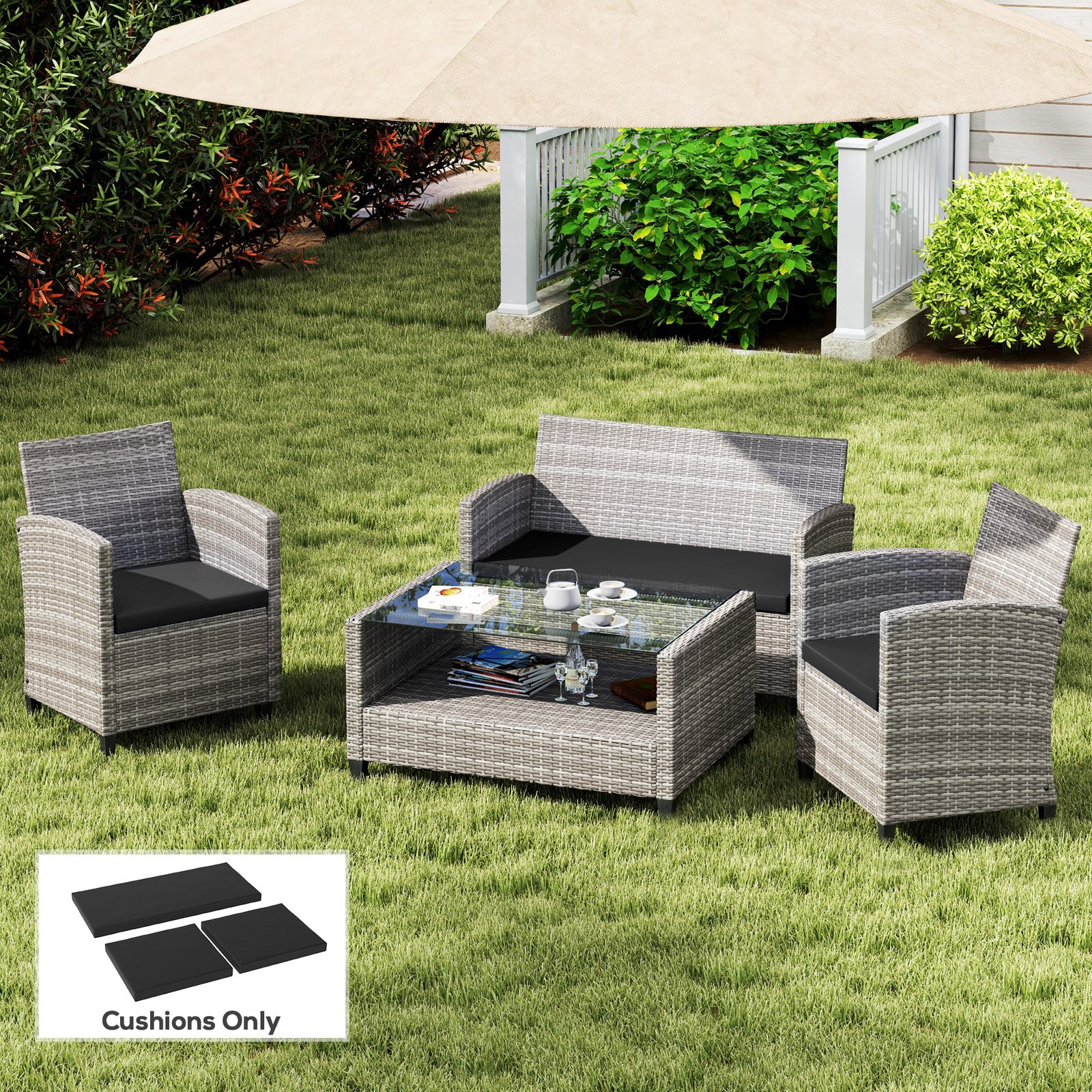Outsunny Outdoor Seat Cushion Pads for Rattan Furniture, 3 PCs Garden Furniture Cushions, Black - Image 2