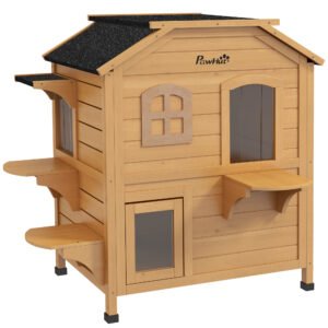 PawHut 2-story Cat House Outdoor, Weatherproof Wooden Cat Enclosure with Openable Roof, Jumping Platforms, Natural Wood Finish