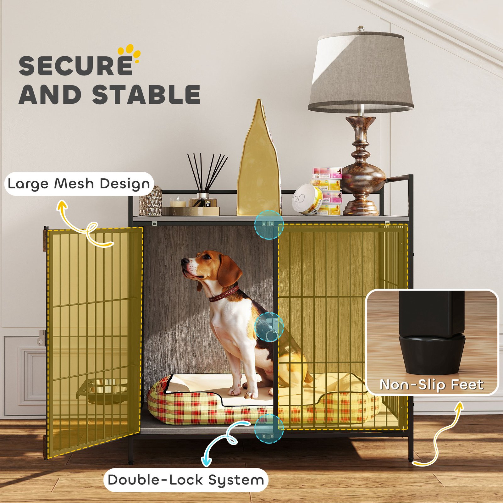 PawHut Dog Crate Furniture with Rotating Bowl Holder, 2 Bowls, 2 Doors, for Medium Dogs, 80 x 56 x 76.5 cm, Grey - Image 6