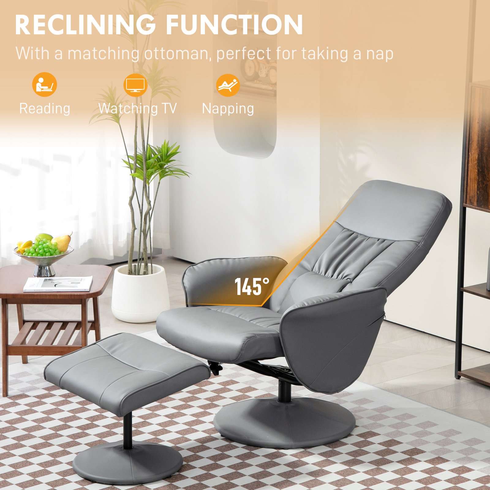 HOMCOM Swivel Recliner Chair with Footstool, PU Leather Armchair and Ottoman with High Back and Round Base for Living Room, Light Grey - Image 4