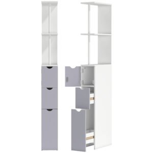 HOMCOM Tall Bathroom Cabinet, Freestanding Slim Bathroom Storage Cabinet with 2-Tier Open Shelf and 2 Drawers for Small Space, Narrow Cupboard Storage Unit, White and Grey