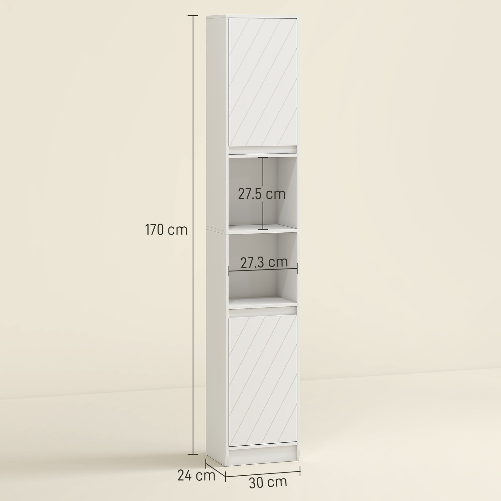 HOMCOM Narrow Bathroom Cabinet, Slim Bathroom Storage Unit with Open Compartment, Freestanding Storage Cupboard with Adjustable Shelves for Small Spaces, 30 x 24 x 170 cm, White - Image 3