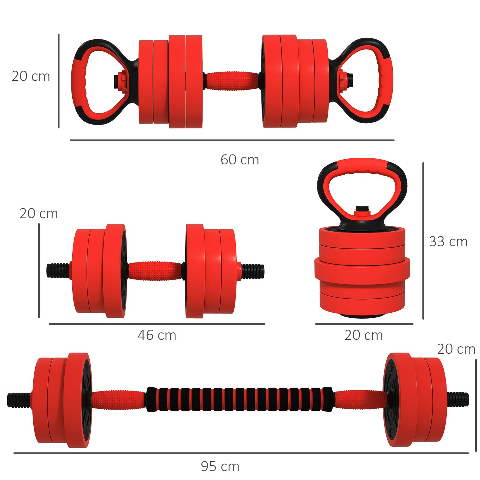 SPORTNOW 20kg 6-In-One Adjustable Weight Dumbbells Set, Barbell, Kettlebell, Push Up Stand - Red - Image 3
