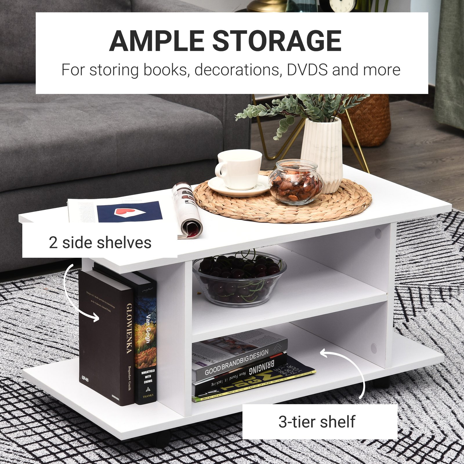 HOMCOM Modern TV Cabinet Stand Storage Shelves Table Mobile Bedroom Furniture Bookshelf Bookcase White - Image 4