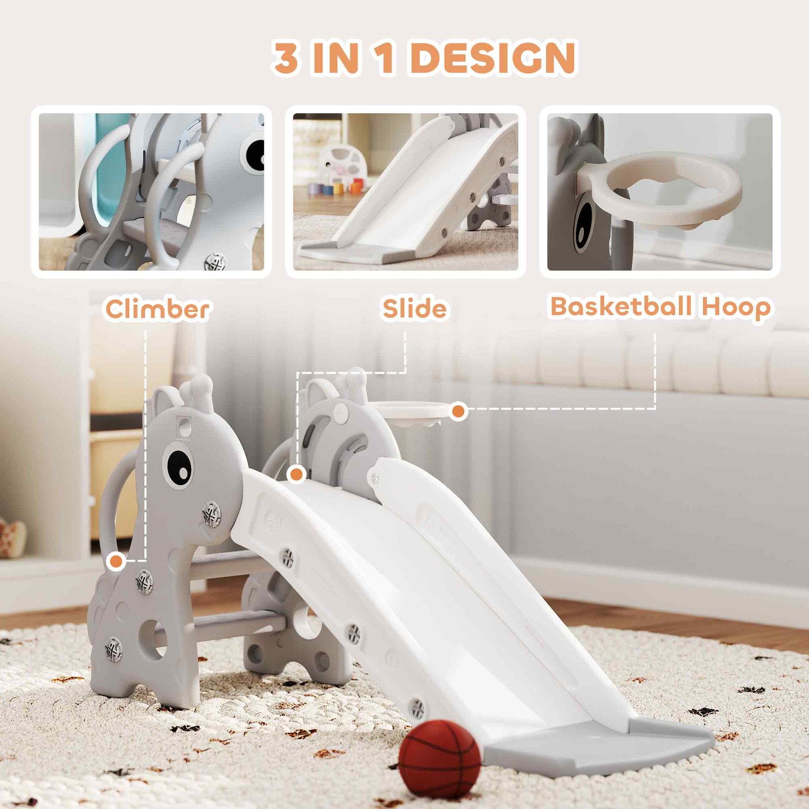AIYAPLAY 3 in 1 Kids Slide with Climber, Basketball Hoop and Ball, Giraffe Shape Climber Slide for Indoor Kids Age 1-3, Grey - Image 4