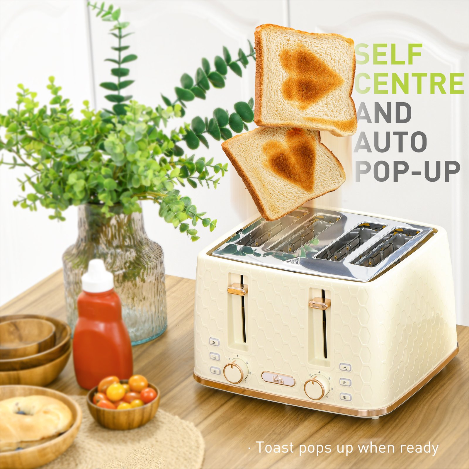HOMCOM Kettle and Toaster Set, 1.7L 3000W Fast Boil Jug Kettle, 4 Slice Toaster with 7 Level Browning Controls, Beige - Image 6