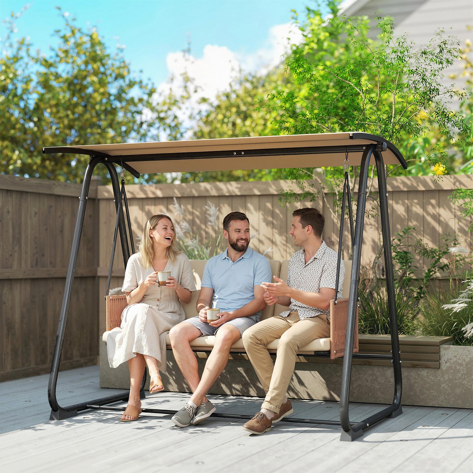 Outsunny 3 Seater Swing Chair with Adjustable Canopy, 360 kg Garden Swing Seat Outdoor Hammock Bench with Cushions, Sand Brown - Image 2