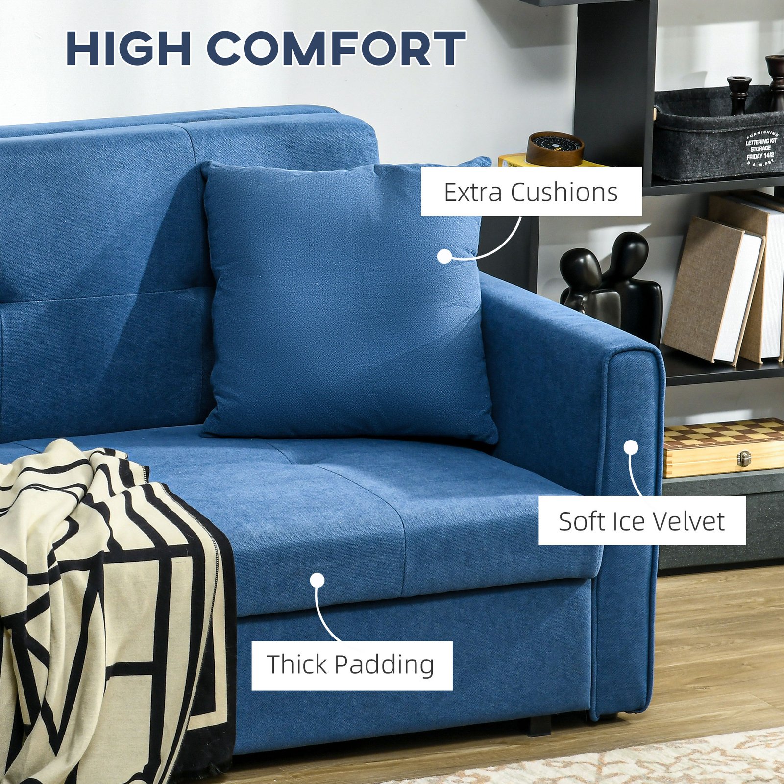 HOMCOM 2 Seater Sofa Bed with Hidden Storage, Pull Out Convertible Bed Settee, Modern Snow Flannel Loveseat Sofa Sleeper with 2 Cushions for Living Room, Guest Room, Deep Blue - Image 6
