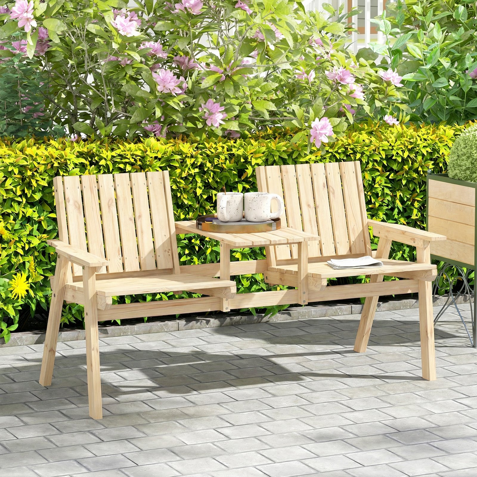 Outsunny 2-Seater Garden Loveseat with Table and Parasol Hole for Porch, Patio, Natural Wood Finish - Image 9