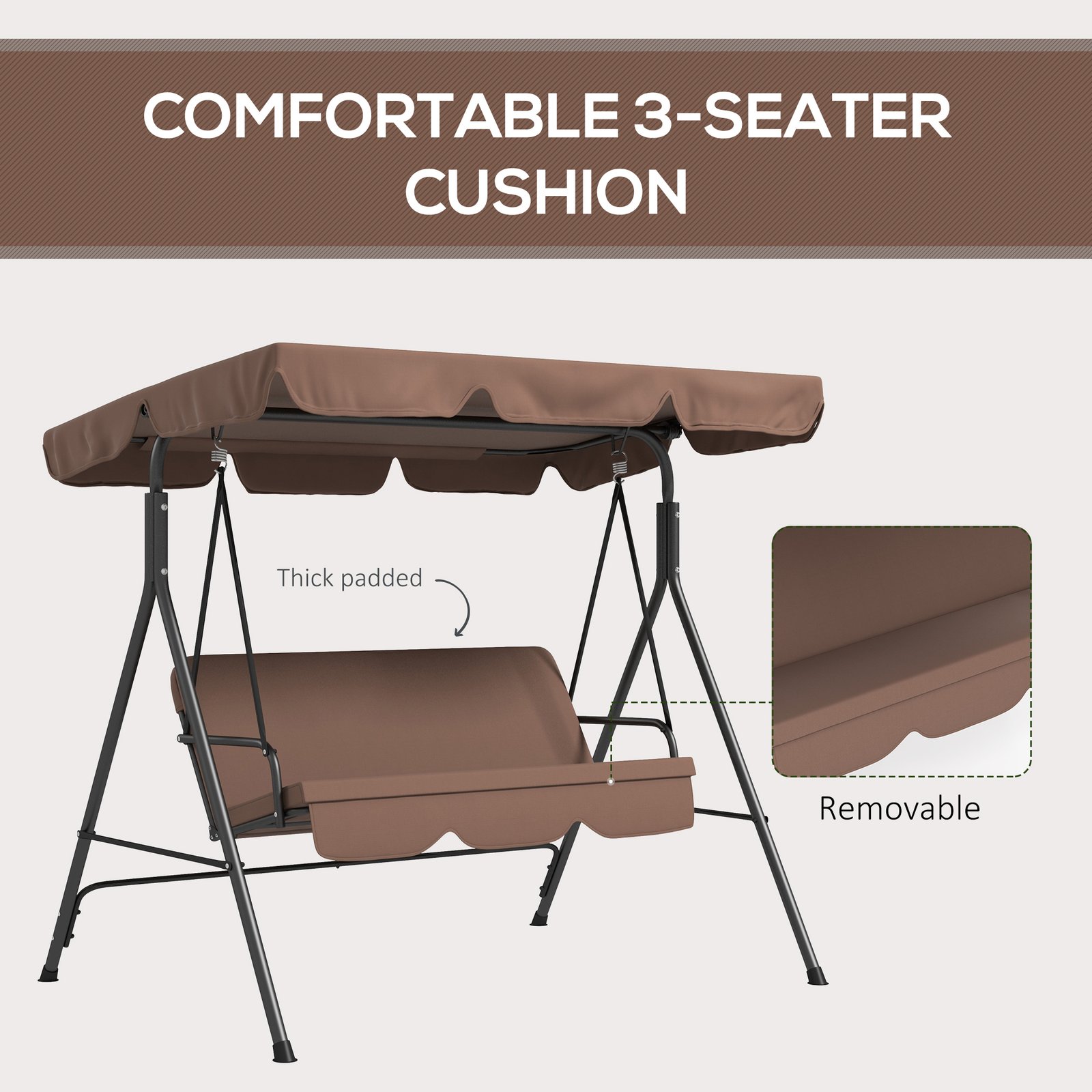 Outsunny 3 Seater Garden Swing Chair, Outdoor Swing Chair with Adjustable Canopy, Mental Frame & Cushions, Brown - Image 7