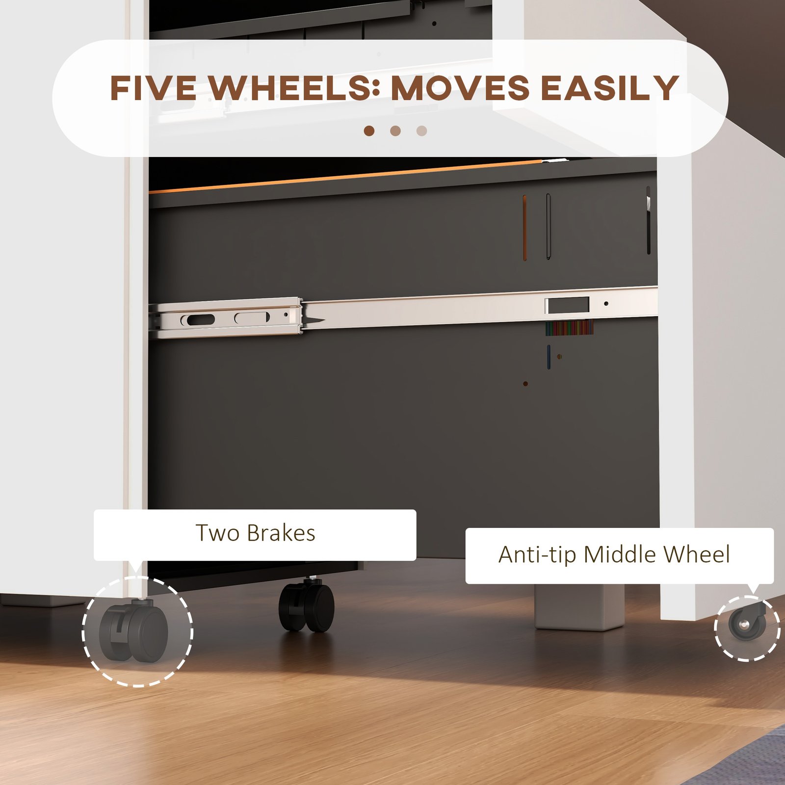Vinsetto 3-Drawer Vertical Filing Cabinet with Pencil Tray, Lock and 5 Wheels, Steel Mobile File Cabinet, for A4, Legal and Letter Size, Pre-Assembled Body, White - Image 7