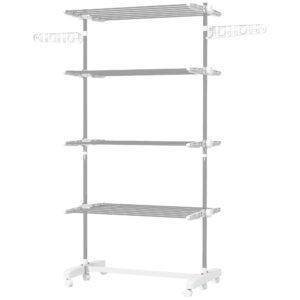 HOMCOM Four-Shelf Collapsing Clothes Horse, With Side Arms and Wheels - White