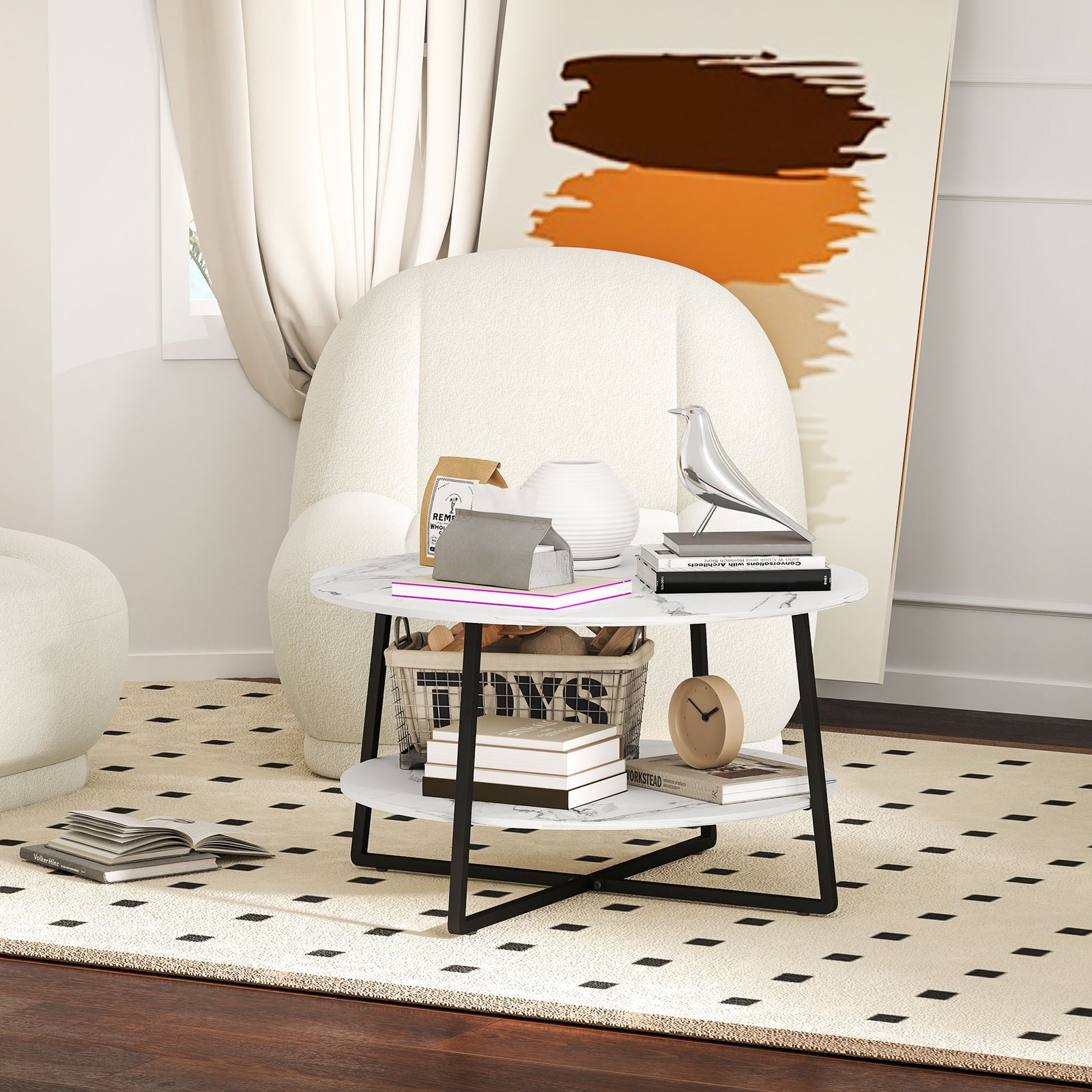 HOMCOM Two-Tier Marble-Effect Coffee Table - White/Black - Image 7