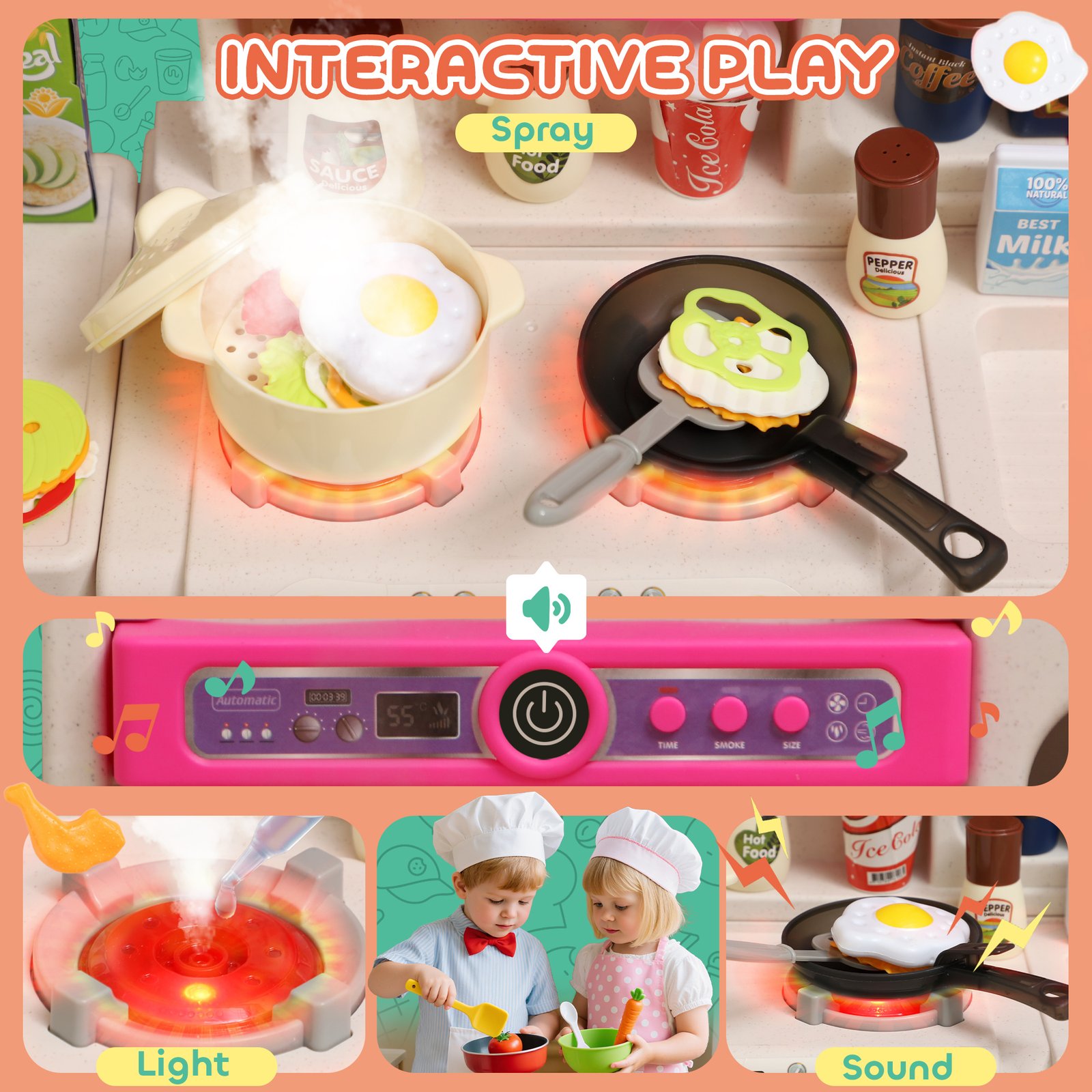 AIYAPLAY Pretend Play Kitchen Set with Realistic Lights & Sounds, 104PCS Toy Kitchen Accessories for Boys and Girls, Pink - Image 4
