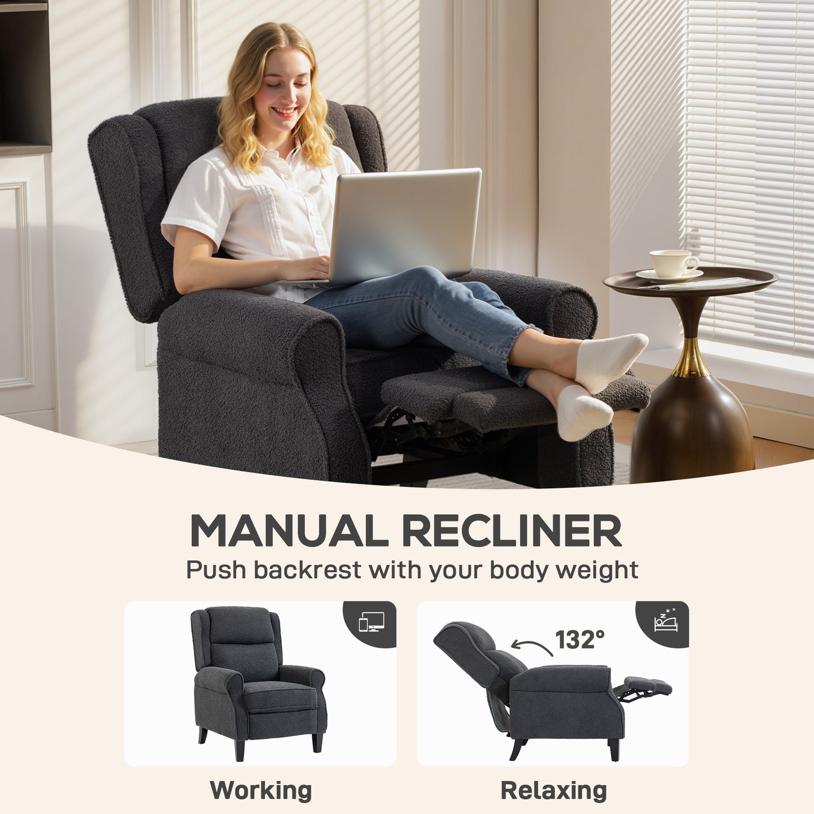HOMCOM 132° Recliner Armchair, with Extended Footrest - Dark Grey - Image 4